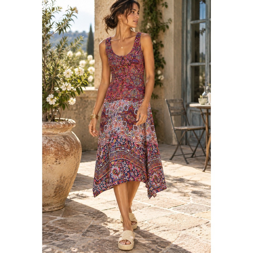 Anthropologie Maeve Violette Dress Viscose Paisley Floral Midi Pink Blue 2